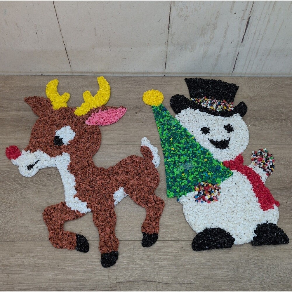 Set OF 2 VINTAGE MELTED PLASTIC POPCORN CHRISTMAS DECOR RUDOLPH & SNOWMAN